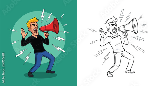 Cartoon man shouting through megaphone with lightning bolts screaming