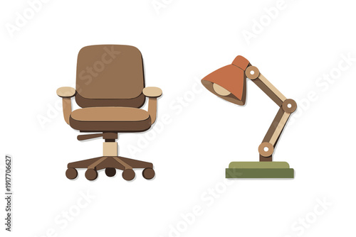 This graphic features a brown swivel office chair and a matching adjustable desk lamp in a layered paper-cut style, isolated on a dark black background for a modern look.