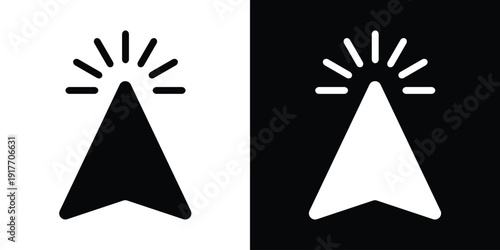 Solid triangular cursor arrow with radiating spark lines at the tip. Represents clicking, inspiration, or highlighting an action. Bold graphic symbol for mobile apps and interface design.
