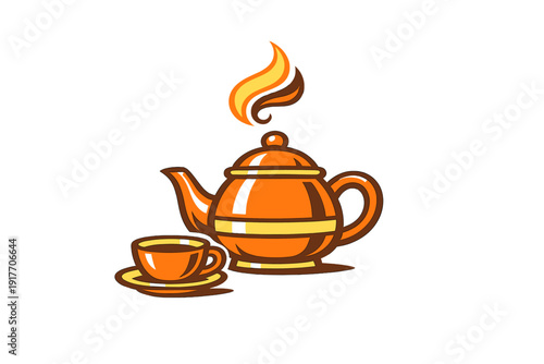 A stylized orange teapot with a matching teacup and saucer on a black background. A flame-like steam element rises from the top of the teapot in this graphic illustration.