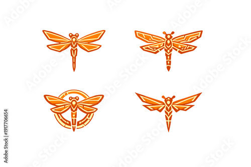 Four stylized orange dragonfly icons with glowing geometric patterns are arranged on a black background. Each design features a unique symmetrical insect shape with sharp lines.