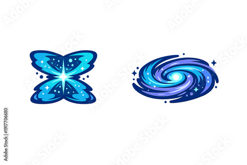 Two stylized cosmic illustrations featuring a glowing butterfly-shaped nebula and a swirling spiral galaxy in shades of blue and purple against a solid black background.