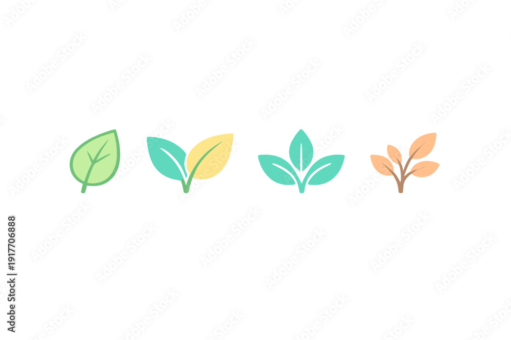 Obraz premium A set of four minimalist plant icons featuring stylized leaves in various colors like green, teal, yellow, and orange, arranged horizontally against a solid black background.