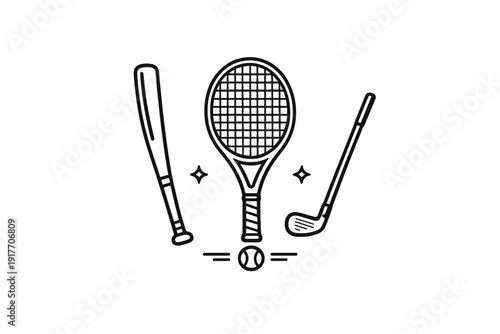 A minimalist line art illustration featuring a baseball bat, a tennis racket, and a golf club arranged around a small ball on a black background with decorative stars.