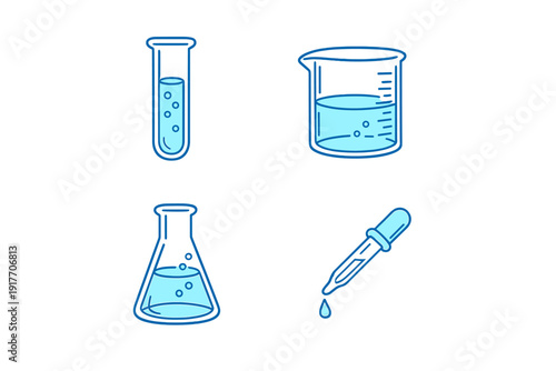 This illustration features four blue icons of scientific glassware: a test tube, a beaker, a flask, and a pipette, each containing a bubbling blue liquid against a dark backdrop.