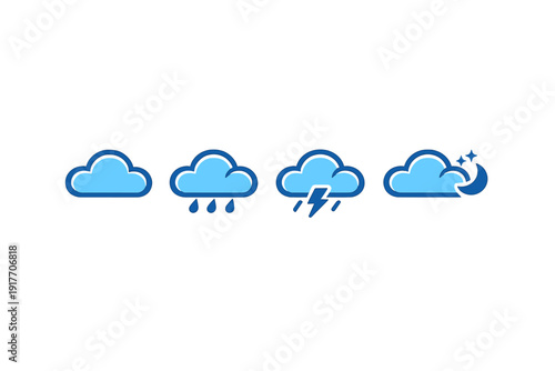 A set of four blue weather icons displayed in a horizontal row against a black background, featuring a cloud, rain, a thunderstorm with lightning, and a night sky with a moon and stars.