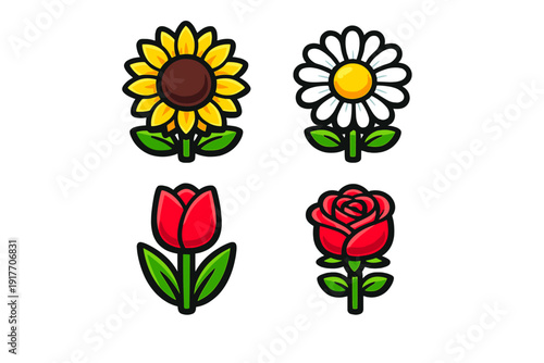 A collection of four stylized flower icons including a sunflower, a daisy, a tulip, and a rose, each with green stems and leaves, set against a solid black background.