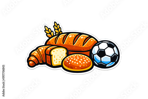 A cartoon illustration featuring various baked goods like a loaf of bread, a croissant, and a seeded bun next to a soccer ball. The image includes wheat stalks and has a white border.