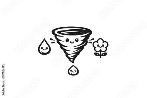 A cute black and white illustration of a smiling cartoon tornado surrounded by two happy raindrops and a cheerful flower on a solid black background in a minimalist kawaii style.