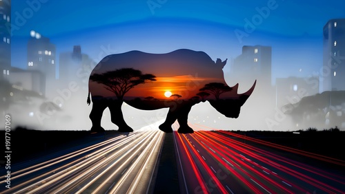 Silhouette of an African rhinoceros filled with a vibrant sunset savanna scene superimposed over a modern cityscape with glowing highway light trails.