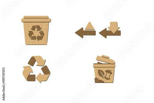 A set of four brown cardboard-textured icons representing recycling and waste management, including a trash bin, a compost bin, and recycling symbols on a black background.