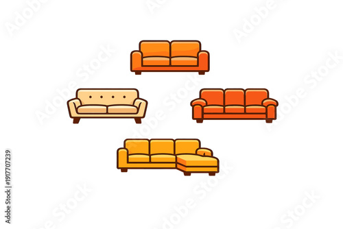 Four colorful sofa icons are displayed on a black background. The set includes a yellow sectional, an orange three-seater, a cream loveseat, and a classic orange couch in a flat style.