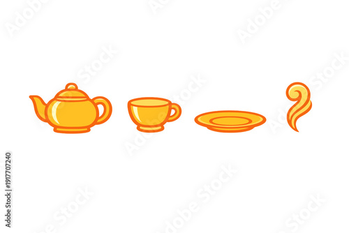 A set of four stylized orange and yellow icons representing a tea service, including a teapot, a teacup, a saucer, and a steam swirl, isolated on a solid black background.