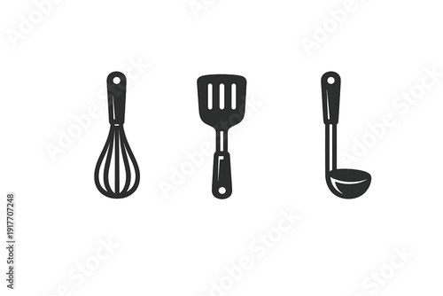 Three black kitchen utensil icons including a whisk, a spatula, and a ladle are shown with white outlines on a dark background featuring subtle white noise and texture.