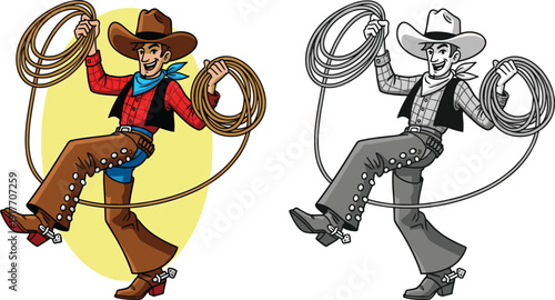 Cartoon cowboys holding lassos in red and black and white rope western