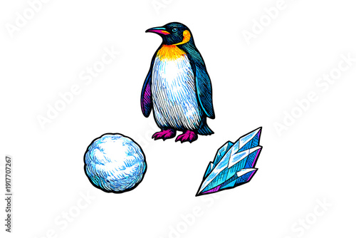 A vibrant illustration featuring a stylized penguin with colorful plumage, a textured blue snowball, and a sharp crystalline shard, all set against a solid black background.