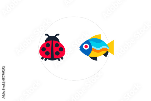 A flat vector illustration featuring a red ladybug and a colorful blue fish enclosed within a thin white circle, set against a solid black background.