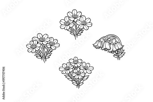 A black and white line art illustration featuring four distinct floral arrangements with small blossoms and leaves, set against a solid black background in a symmetrical layout.