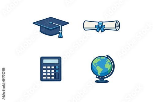 A set of four education-themed icons including a blue graduation cap, a rolled diploma with a ribbon, a digital calculator, and a terrestrial globe on a black background.