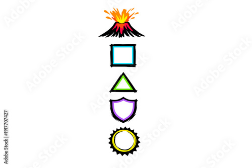 A vertical column of five stylized icons on a black background, featuring an erupting volcano, a blue square, a green triangle, a purple shield, and a yellow circular emblem.