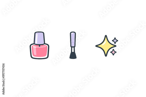 This cartoon illustration features a bottle of pink nail polish, a separate applicator brush, and three colorful sparkles, all set against a solid black background.
