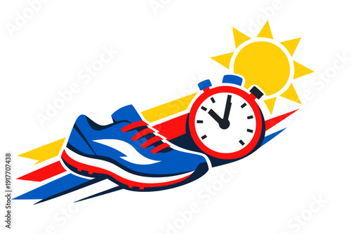 A stylized illustration featuring a blue running shoe with red accents, a red stopwatch, and a bright yellow sun, set against dynamic speed lines on a black background.