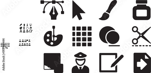 Digital drawing and vector editing icon set with design tools and creative software symbols vector EPS.