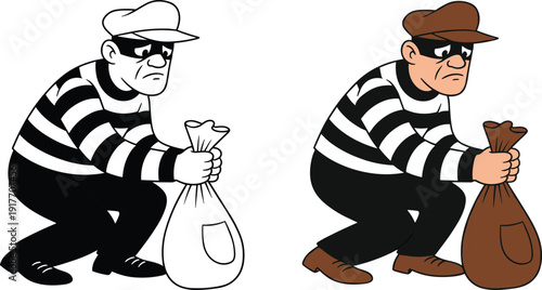 Cartoon burglars with bags in black and white and color thief