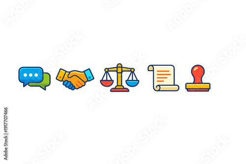 This illustration features five distinct icons including speech bubbles, a handshake, scales of justice, a paper scroll, and a rubber stamp, all set against a black backdrop.