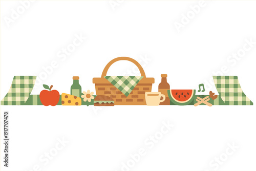 This flat design illustration showcases a picnic spread with a basket, red apple, cheese, watermelon slice, and beverages arranged on a green checkered blanket.
