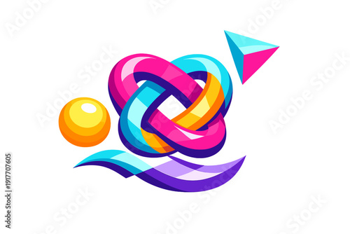 A vibrant 3D abstract composition featuring a colorful intertwined knot, a glossy yellow sphere, and a geometric pyramid set against a solid black background with a flowing wave.