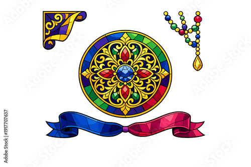 A collection of stained glass style decorative elements including a circular mandala, a corner ornament, a beaded garland, and a blue and red ribbon on a black background.