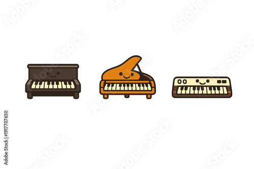 Three cute cartoon musical instruments including an upright piano, a grand piano, and an electronic keyboard with smiling faces are displayed against a solid black background.