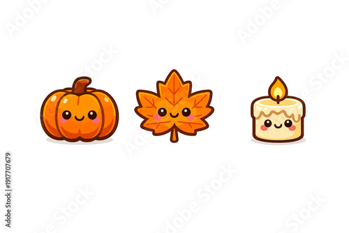 Three cute cartoon autumn icons featuring a smiling orange pumpkin, a happy maple leaf, and a lit candle with a friendly face, all set against a solid black background.