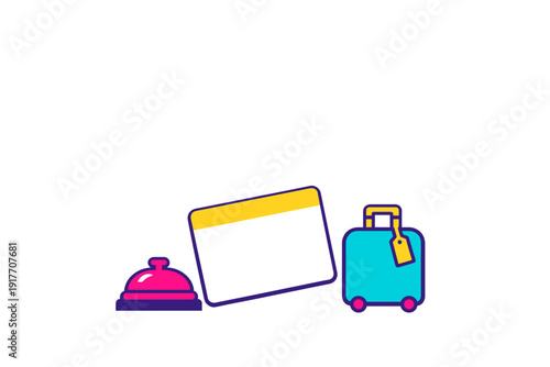 A flat illustration featuring a pink service bell, a blank white card with a yellow header, and a blue suitcase with a yellow tag, all set against a solid black background.