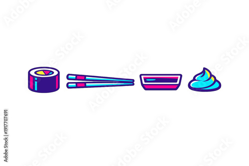 A vibrant neon vector illustration of a sushi roll, a pair of chopsticks, a small bowl of soy sauce, and a swirl of wasabi, all set against a solid black background.