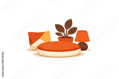 A flat illustration of a cozy interior setup featuring a large orange floor cushion, a patterned pillow, a potted plant with brown leaves, and a small table lamp on a black background.