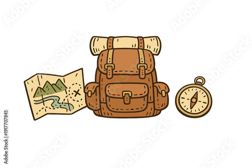 This illustration features a brown camping backpack with a rolled mat on top, a folded map with mountain icons, and a round compass, all set against a solid black background.