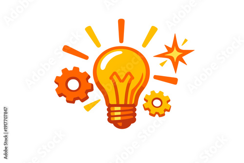This illustration features a glowing yellow light bulb at the center, flanked by orange gears and a bright starburst, symbolizing creative thinking and engineering concepts.