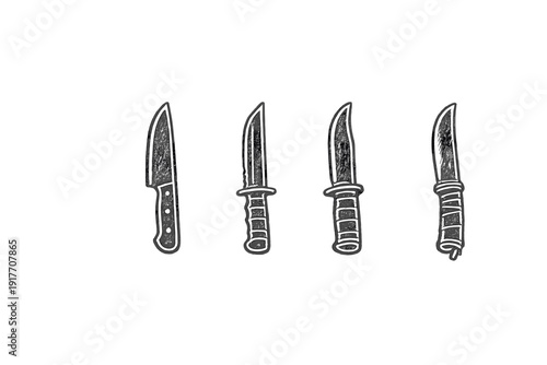 A set of four white hand-drawn knife illustrations arranged in a row against a solid black background. The sketches show various blade shapes and handle designs in a chalk style.