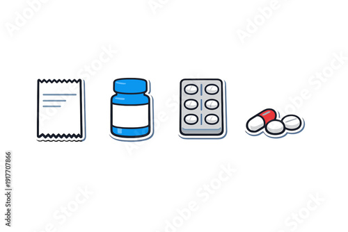 A set of medical icons featuring a prescription note, a blue medicine bottle, a blister pack of pills, and loose capsules and tablets on a solid black background.