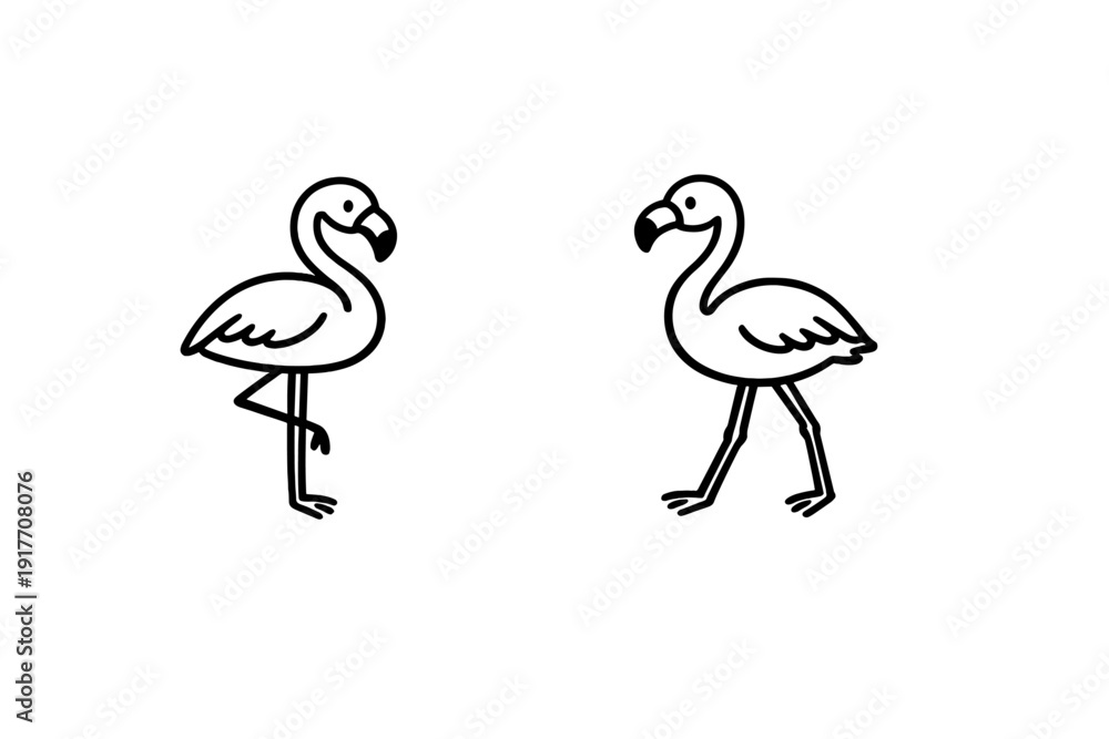 Obraz premium Two minimalist line art flamingos are depicted in white against a solid black background. One bird stands on a single leg while the other stands on both legs facing it.