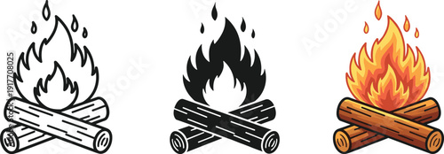 Campfire flames in three styles logs wood