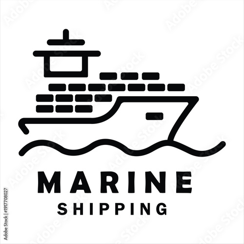 Clean marine shipping business logo with a stylized cargo ship and waves, representing global transport