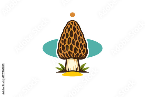 A stylized illustration of a morel mushroom with a honeycomb cap and white stem, set against a teal oval and black background with green grass and a small orange circle above.