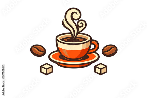 A stylized vector illustration of a steaming cup of coffee on a saucer, surrounded by two coffee beans and two sugar cubes against a solid black background.