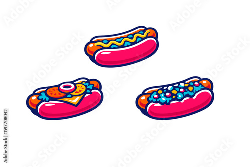 Three colorful cartoon hot dog illustrations with pink buns and various toppings are set against a black background. The art style is vibrant with bold outlines and a playful feel.