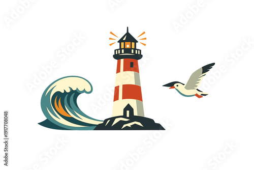 A stylized illustration of a red and white striped lighthouse standing on a rocky base amidst a large curling ocean wave and a flying seagull against a black background.