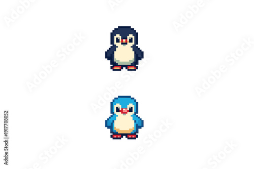 Two pixel art penguins are shown on a black background. The top character is dark blue and the bottom is light blue. Both feature a retro video game aesthetic with simple 2D graphics.