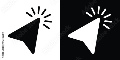 Solid triangular cursor arrow with radiating spark lines at the tip. Represents clicking, inspiration, or highlighting an action. Bold graphic symbol for mobile apps and interface design.
